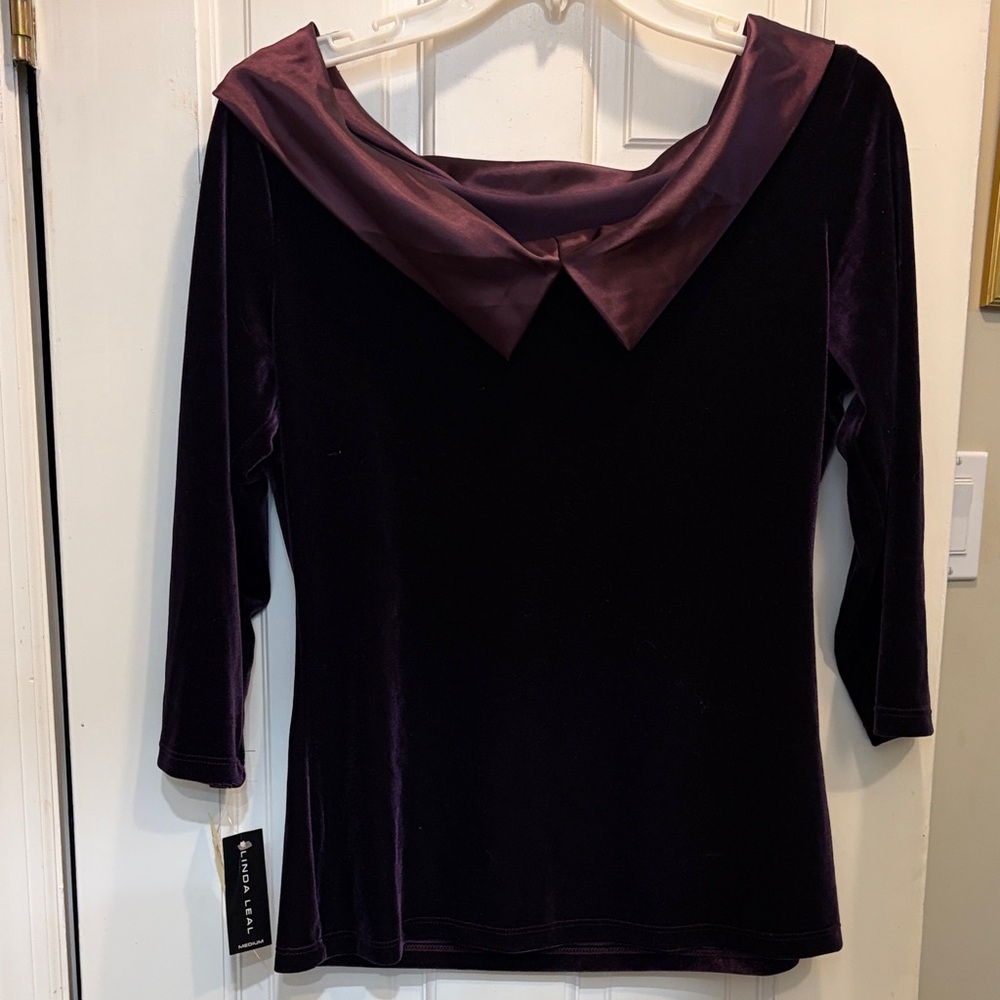 Luxurious Velvet Top in Deep Purple with Satiny Neckline - Picture 6 of 7